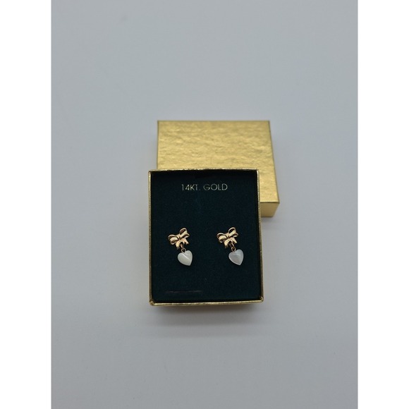 Bow Mother of Pearl Heart Earrings 14k Gold Vintage - Picture 5 of 5